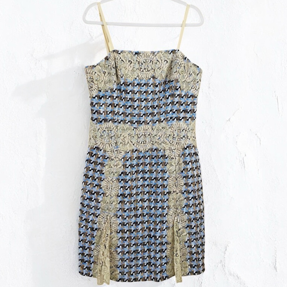 Etcetera Y2K Blue & Cream Tweed Plaid and Floral Lace Spaghetti Strap Dress 12